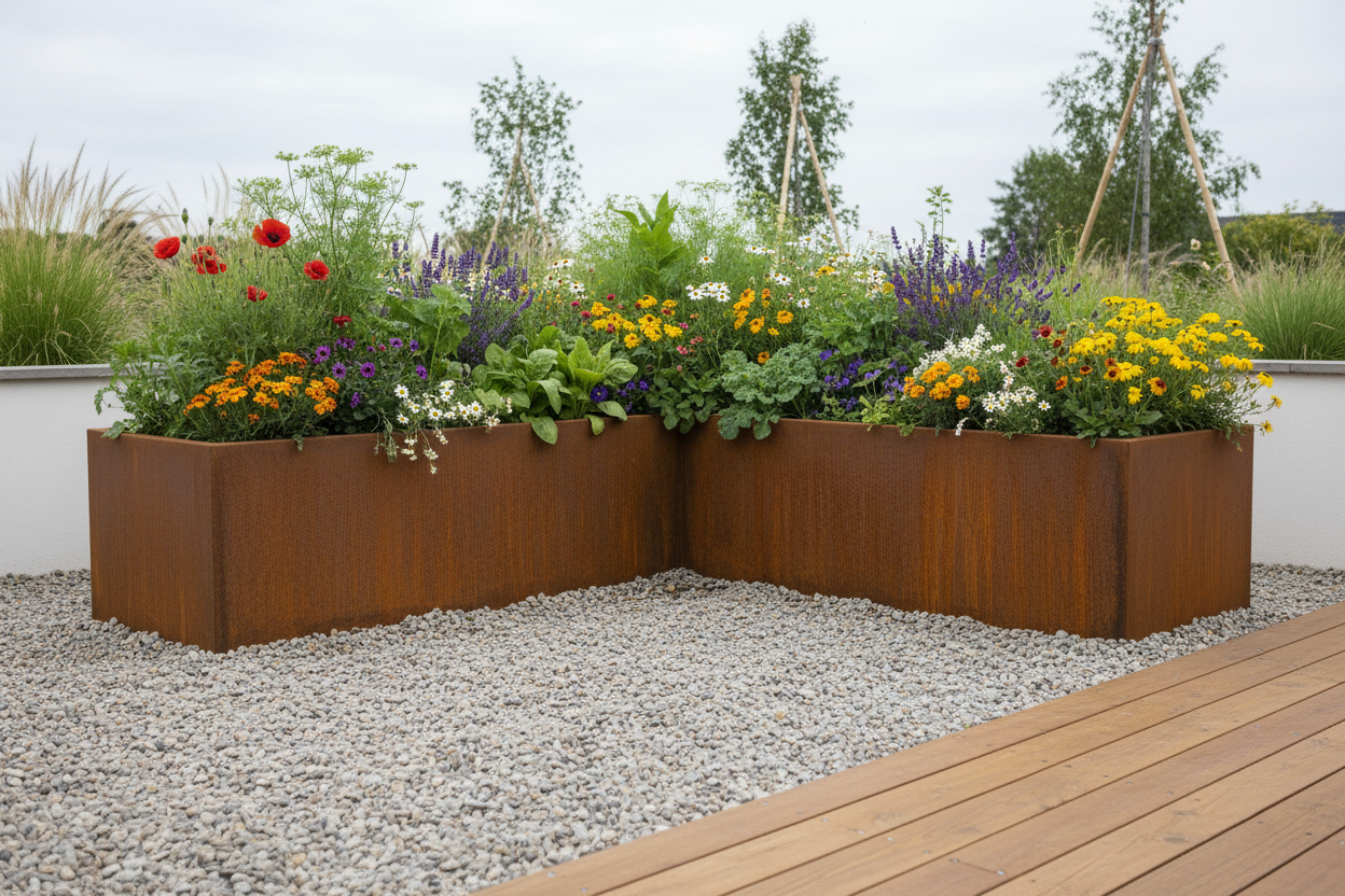 Plantekasse L-form 150×150x40cm i corten stål
