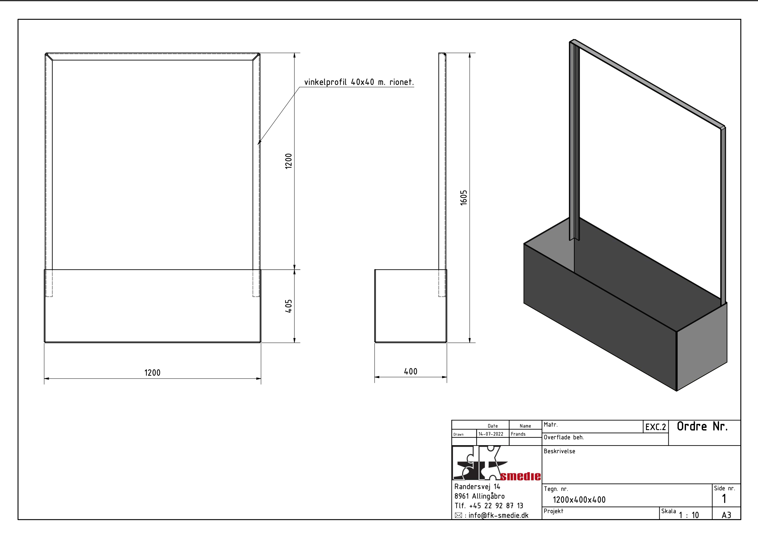 Plantekasse 120×40×40 cm med rionetskærm