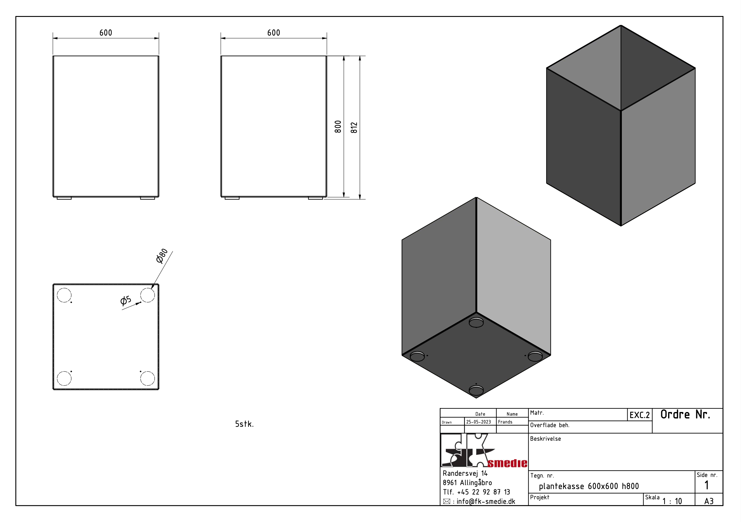 Plantekasse kvadratisk 60×60x80 cm i corten