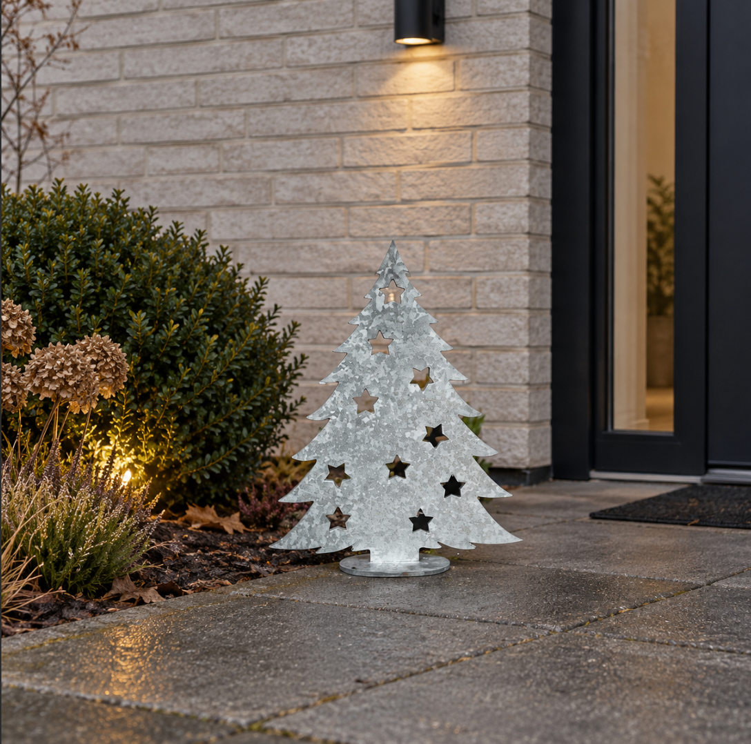 Juletræ på 30 cm i galvaniseret stål med udskårne stjerner